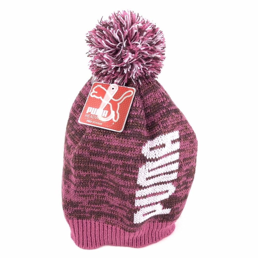Puma Spellout Evercat Shimmer Pom Beanie Pink & Purple Women's Winter Hat NWT